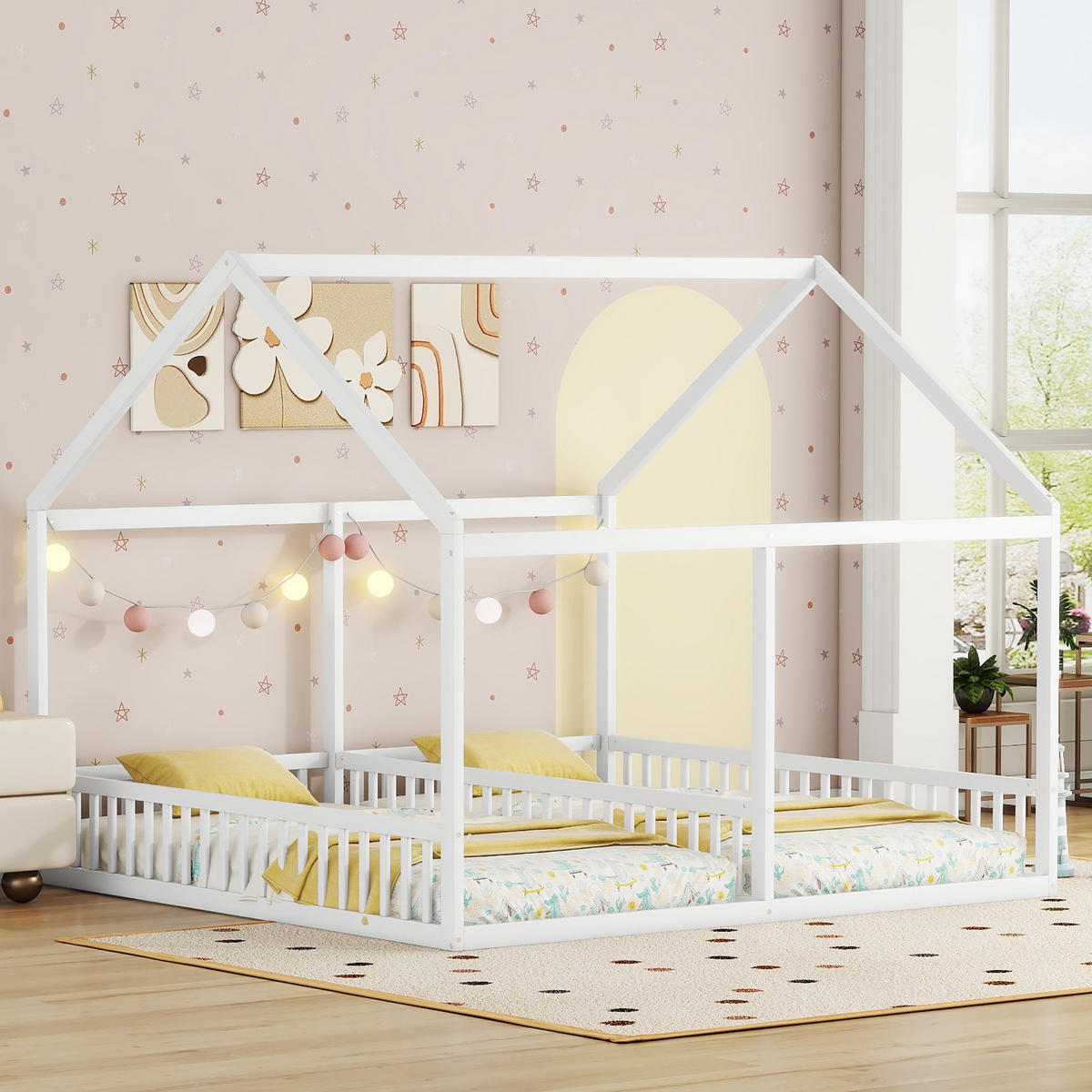 HAUSBETT 90/200 cm in Weiß – 2 Einzelbetten 90/200 cm mit Dach - Weiß, Holz (90/200cm) - BEAOK