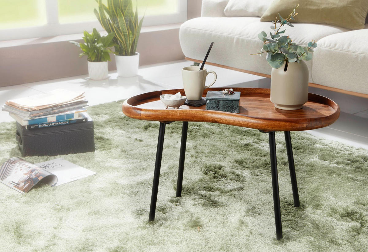 COUCHTISCH Massivholz mit Metallbeinen, Nierenform, Handgefertigt, Braun 71x40x42 cm - Schwarz/Braun, Holz/Metall (40/71/42cm) - KADIMA DESIGN