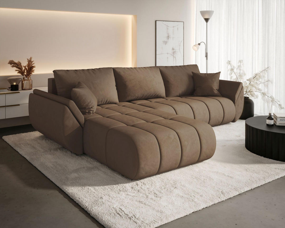ECKSOFA SYDNEY PREMIUM links braun Velours Monolith 9 - Schlaffunktion, Bettkasten - Braun, Textil (280/184cm) - Cornero