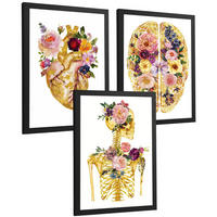 POSTER Set aus 3 Anatomie Mensch Drucke und Wandbilder mit Herz Gehirn und Skelett Goldenes Florales Design Wanddekoration Größe Schwarzer Rahmen A4 - Schwarz, Papier (21/29.7/3cm) - Nacnic