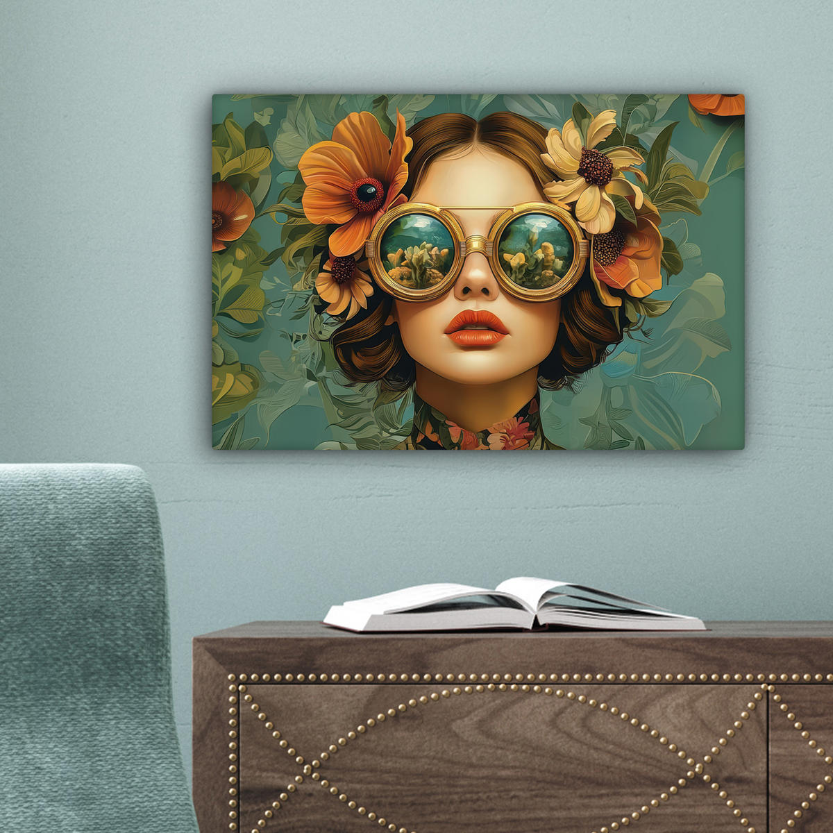 LEINWANDBILD Frau - Blumen - Schmetterlinge - Natur - Vintage Deko Schlafzimmer 30x20 cm - Salbeigrün, Textil (30/20cm) - MuchoWow