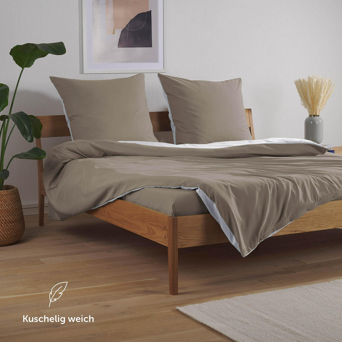 WENDEBETTWÄSCHE Ebba 200/220 cm 2 mal 80/80 cm, Taupe und Weiß - Taupe/Weiß, Textil (200/220cm) - Blumtal