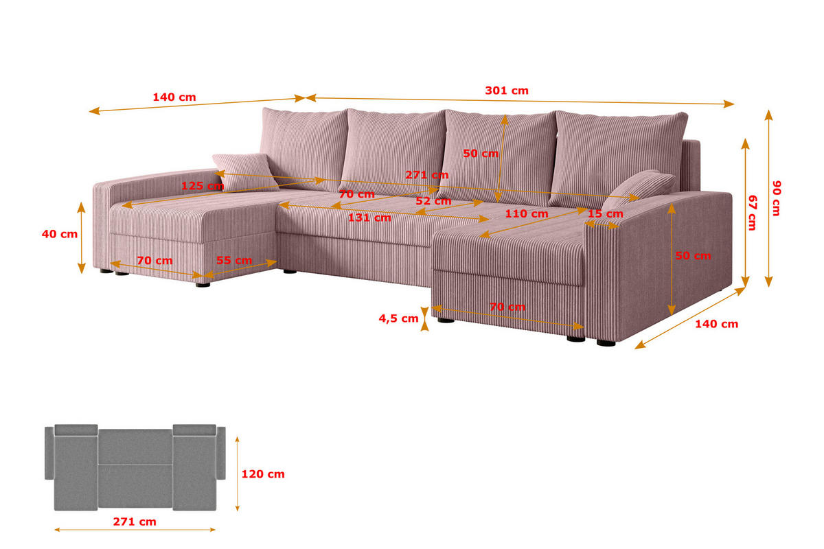 WOHNLANDSCHAFT mit Schlaffunktion und Bettkasten ALESIA-U 301x140x90 cm Rosa Cord - Silberfarben/Rosa, Holzwerkstoff/Kunststoff (301/90/140cm) - ALTDECOR