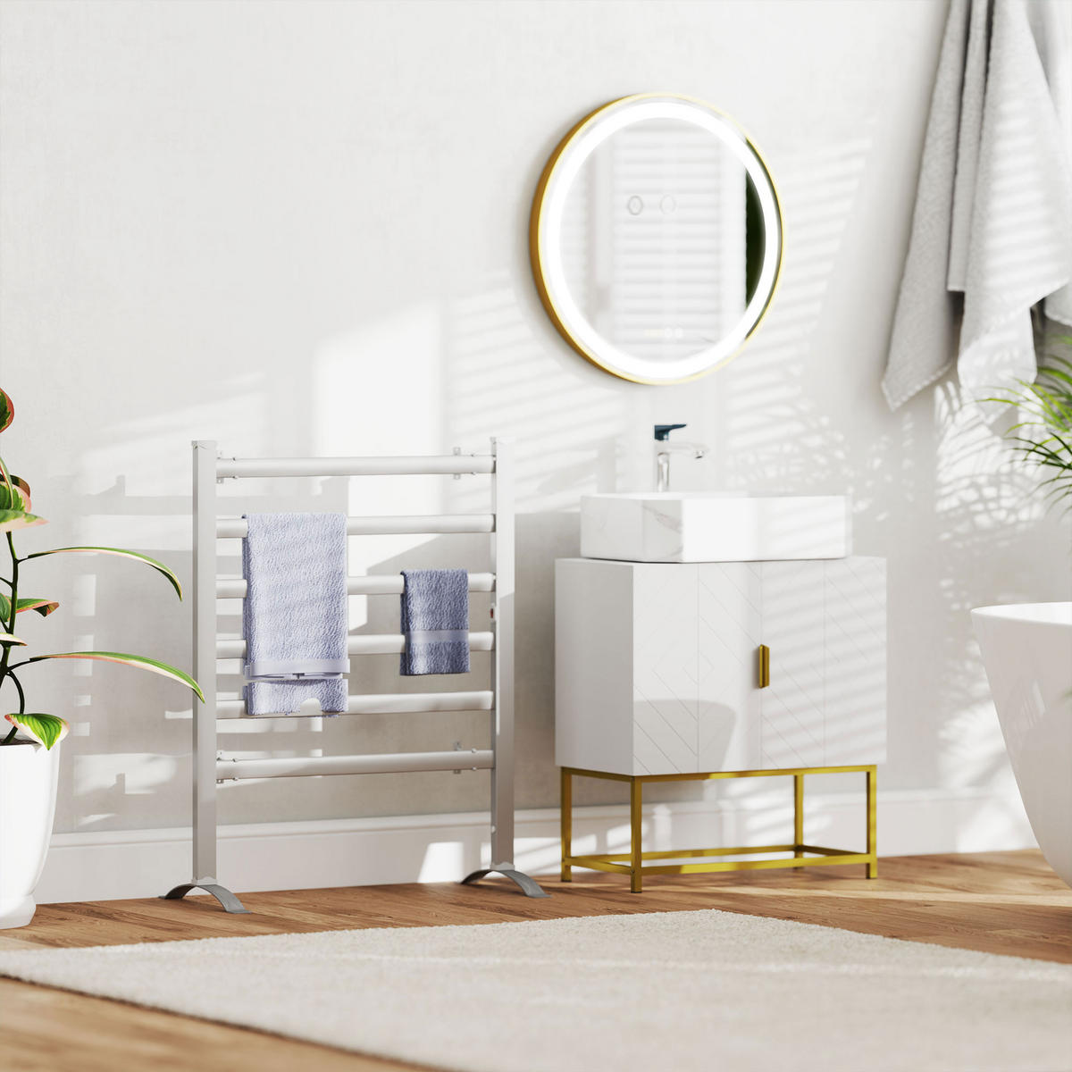 BADSPIEGEL, mit Memoryfunktion, Zeitanzeige, LED-Leuchte, IP44 - Goldfarben, Glas (4/60/60cm) - Kleankin