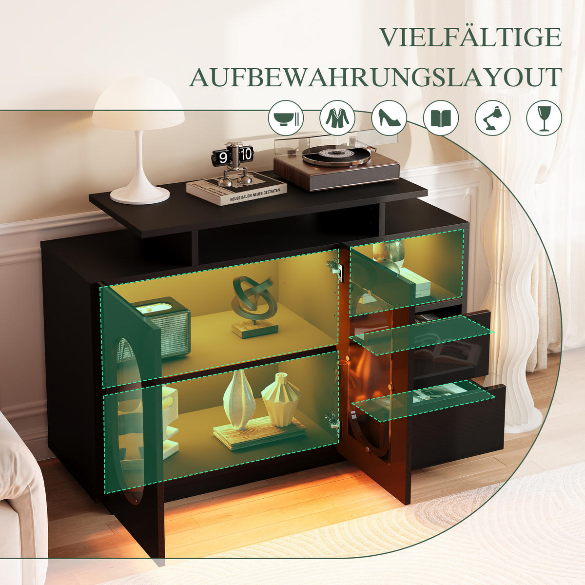 SIDEBOARD aus Holzwerkstoff 120x40x80 cm Schwarz mit LED-Beleuchtung, Glasvitrine und verstellbaren Einlegeböden - Schwarz, Holzwerkstoff (120/80/40cm) - Modfu