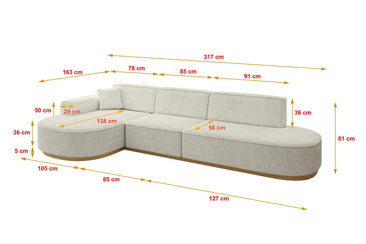 ECKSOFA Ottomane Links MARI-L2-v2 - 328x171x83 cm Creme Cord - Hellgrau/Creme, Holzwerkstoff/Textil (328/171cm) - ALTDECOR