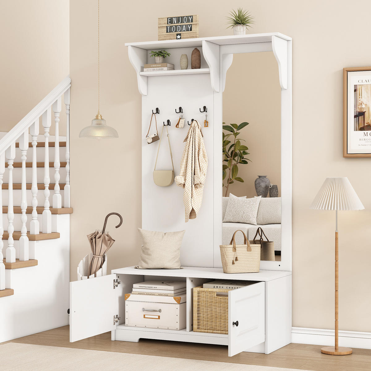 GARDEROBE 100cm Spiegel 5 Haken 2 Schränke Regal Schuhschrank Weiß - Weiß, Holzwerkstoff (40/180/100cm) - FLIEKS