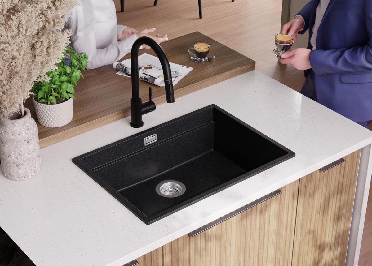 SPÜLBECKEN Praga Slim, 2-er set Anthrazit 66/47 cm 1 Becken + Ablauf-Set + Aufrollbare Abtropffläche ab 70er Unterschrank - Chromfarben/Anthrazit, Kunststoff (66/20/47cm) - Primagran