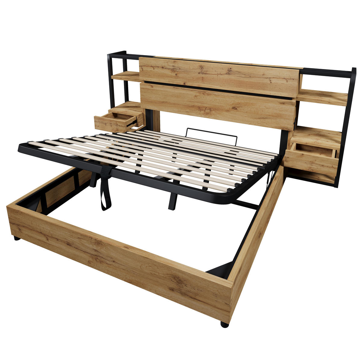 POLSTERBETT 180/200 cm Eiche mit Stauraum und USB- und Type-C-Anschlüssen - Eichefarben, Holzwerkstoff (180/200cm) - OKWISH