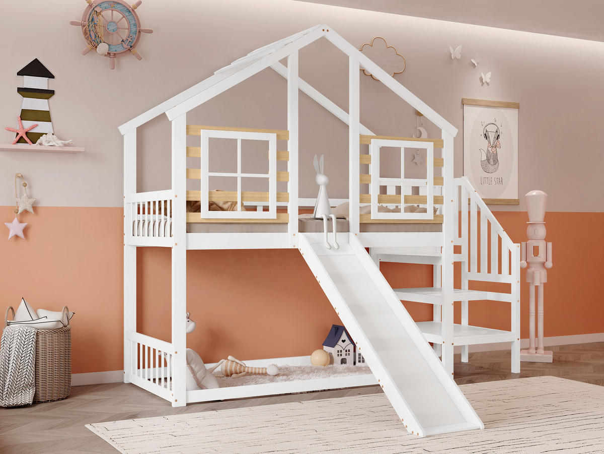 HOCHBETT 90x200 cm mit Treppe, Rutsche, Fenster, Weiß - Weiß, Holz (90/200cm)