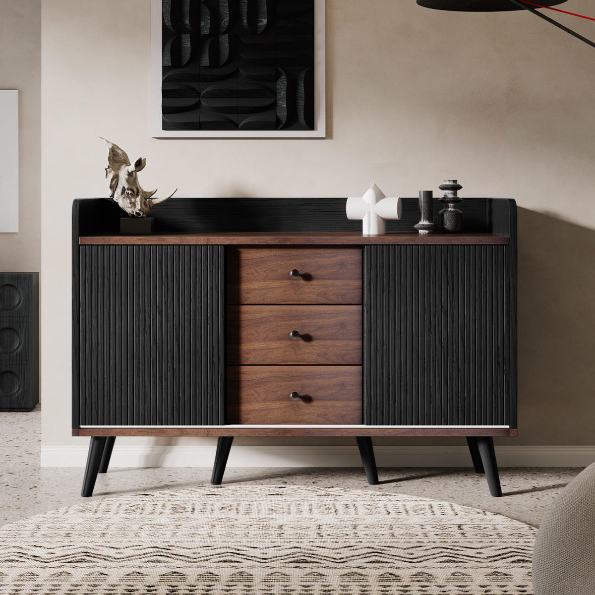 SIDEBOARD 117x39x79 cm Schwarz, 3 Schubladen, 2 Schiebetüren, Holzbeine, Modern - Schwarz, Holz (117/79/39cm) - PARAFTA HOME