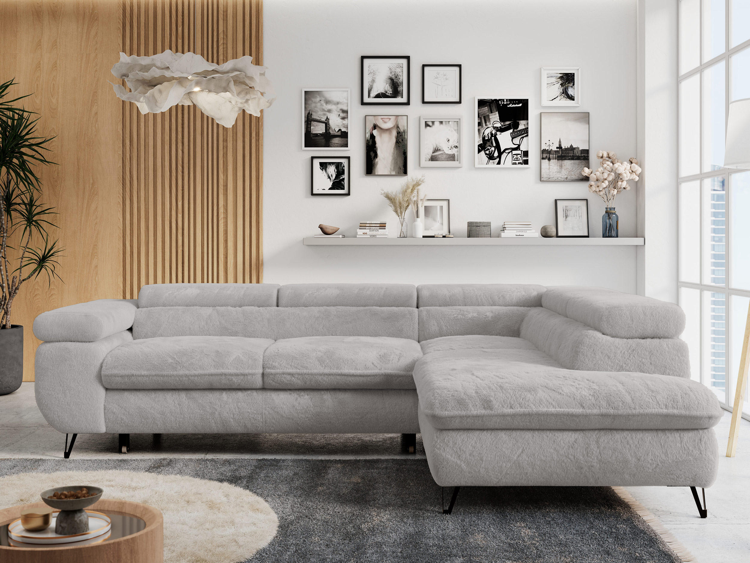 ECKSOFA PETER L Hellgrau Plüsch - Rechts Seite - Hellgrau/Schwarz, Textil/Metall (273/208cm) - MKS