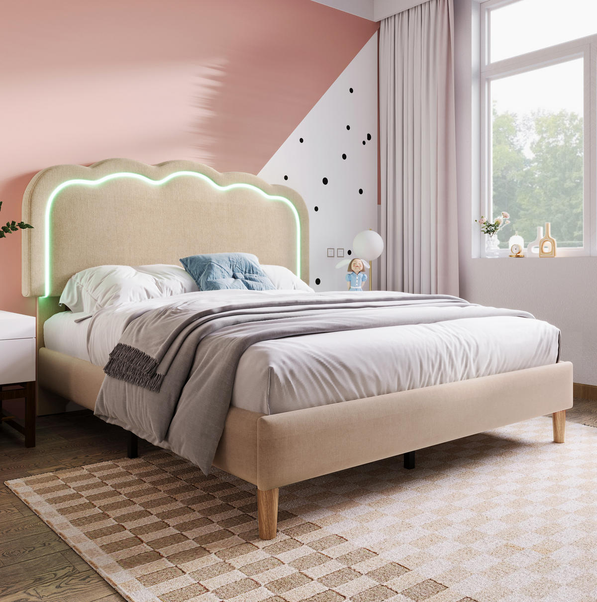 POLSTERBETT mit LED-Kopfteil 140x200 cm Leinen Beige - Beige, Metall (140/200cm) - Meubliv