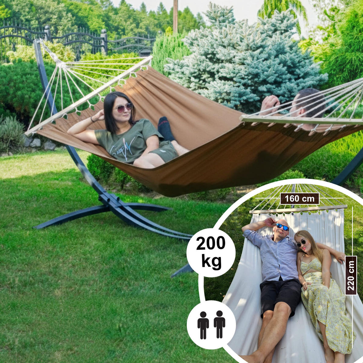 HÄNGEMATTE mit Gestell, 2 Personen, Stabhängematte, XXL, 200 kg, Metall, Braun, einfache Montage - Braun, Metall (370/130/120cm) - Potenza