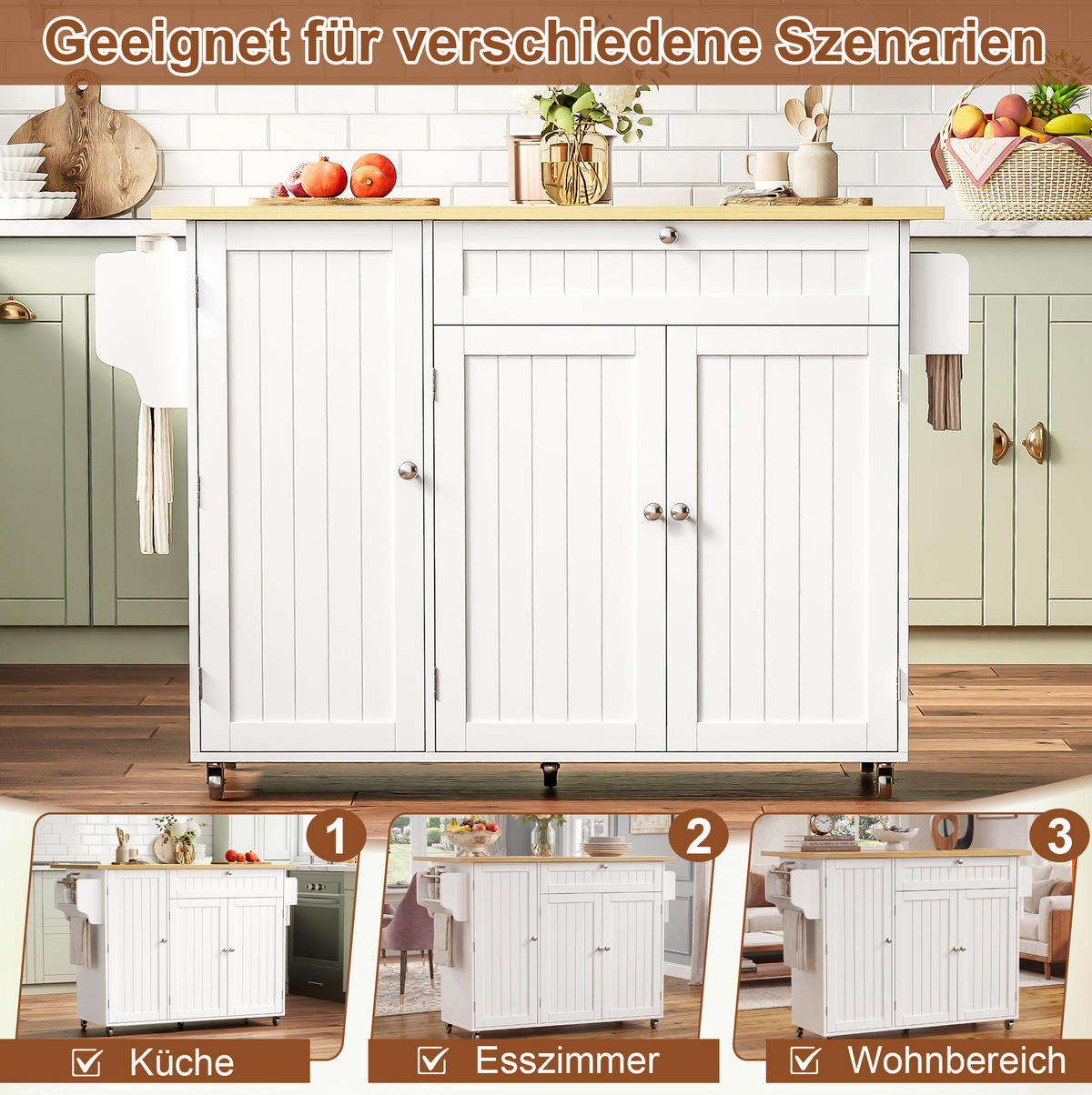 KÜCHENWAGEN mit Klappplatte, Schublade und Stauraum 120 x 70/45 x 92 cm Natural White - Naturfarben, Holz (70/92/120cm) - Beauniv