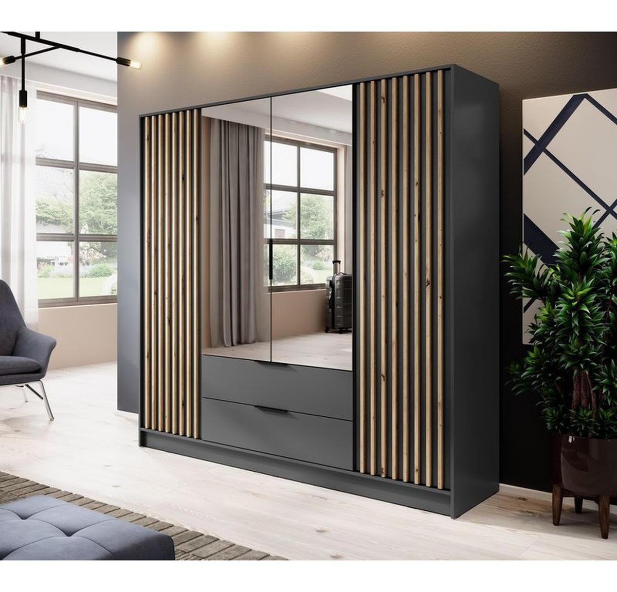 KLEIDERSCHRANK – 206 cm – Nelly – Graphitfarben - Graphitfarben, Holzwerkstoff (206/200/51cm) - hi-markt