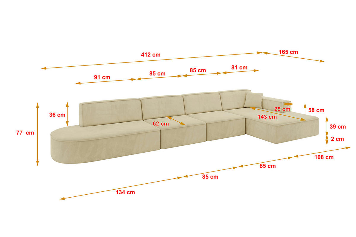 ECKSOFA Ottomane Rechts IREA-L3-v4 - 412x165x77 cm Beige - Taupe/Ecru, Holzwerkstoff/Textil (412/165cm) - ALTDECOR