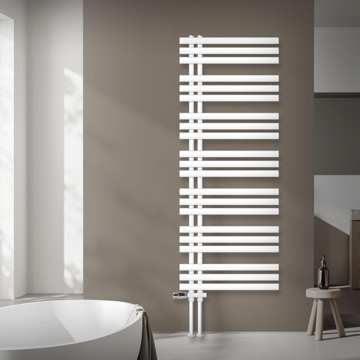 KOUPELNOVÝ radiátor Iron EM 600 × 1600 mm, bílý, s průchozím ventilem - bílá, kov (60/160/3cm) - LuxeBath
