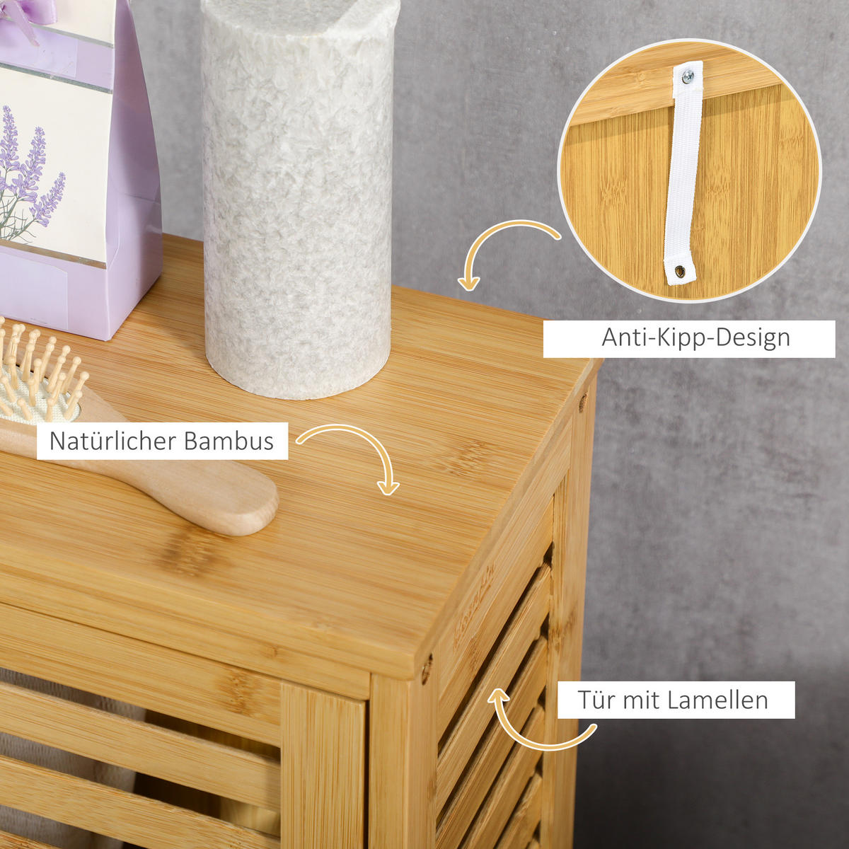 BADSCHRANK mit Lamellentür, 2 Fächern, für Badezimmer, Wohnzimmer, Natur - Naturfarben, Holz (19.9/70/30cm) - Kleankin