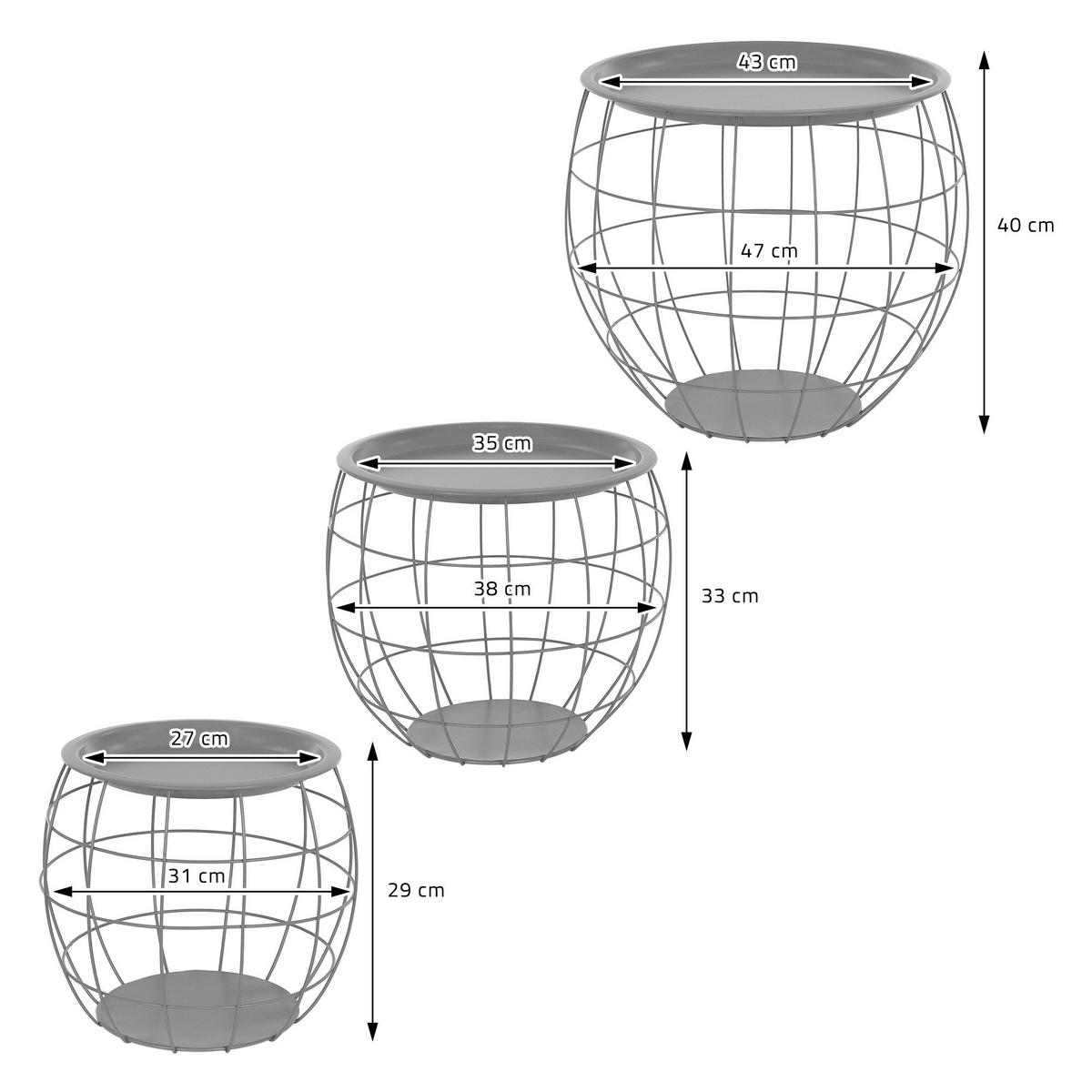 BEISTELLTISCH rund Grau Ø 43/35/27 - 40/33/29 cm 3er Set - Grau, Metall (43/43/40cm) - ML-DESIGN