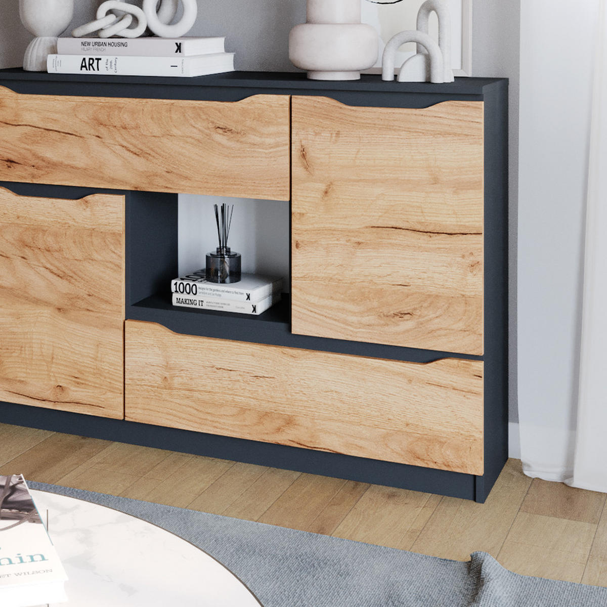 KOMMODE Ruben Goldkraft Eiche 120 x 84 cm mit Schubladen - Anthrazit/Eiche Wotan, Holzwerkstoff (120/84/30cm) - Vicco