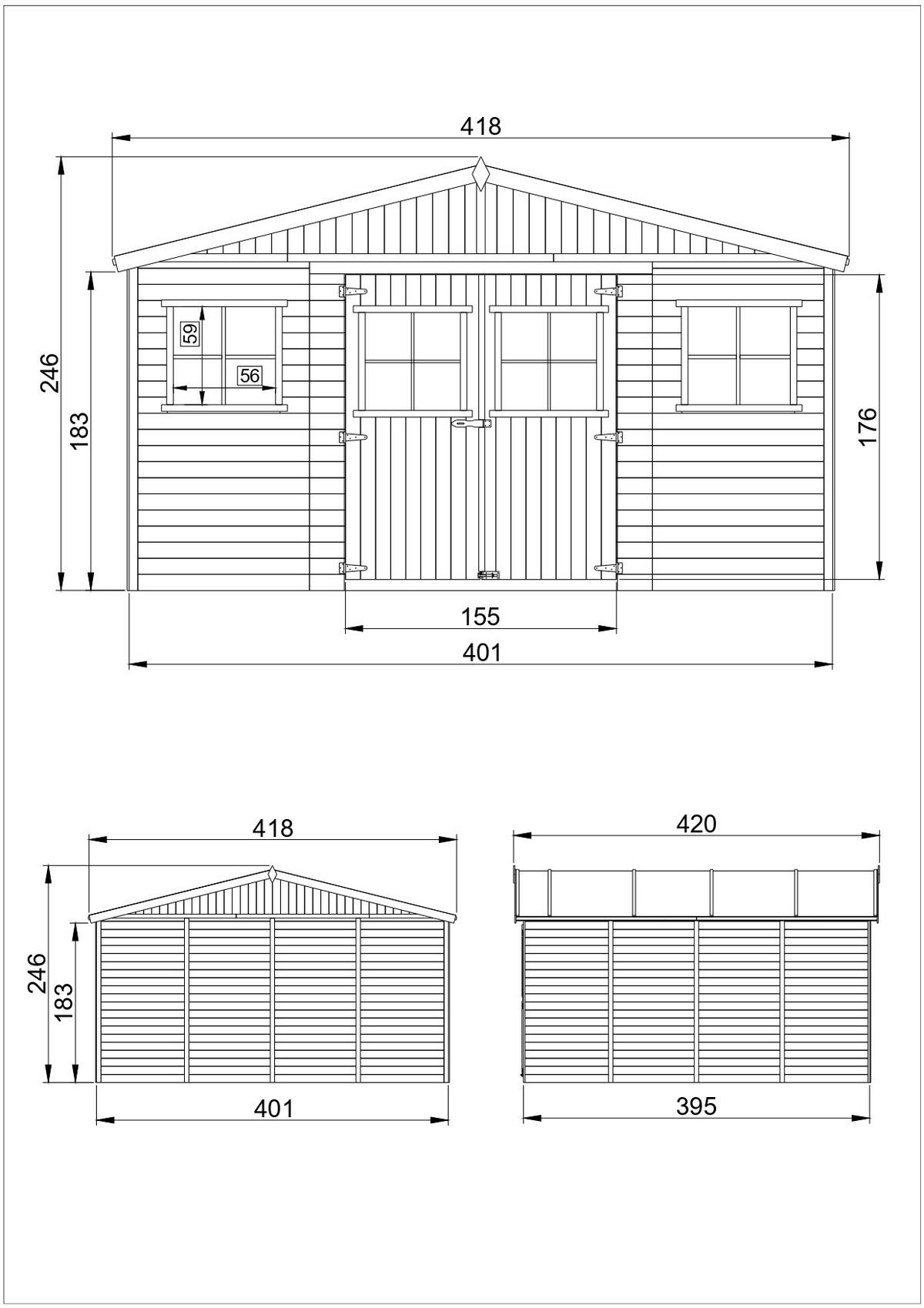 HOLZ-GARTHENHAUS MIT IMPRÄGNIERTEM BODEN - H246 x 418 x 420 cm/ 16 m² - M330+330G - Beige, Holz (418/252/420cm) - Timbela