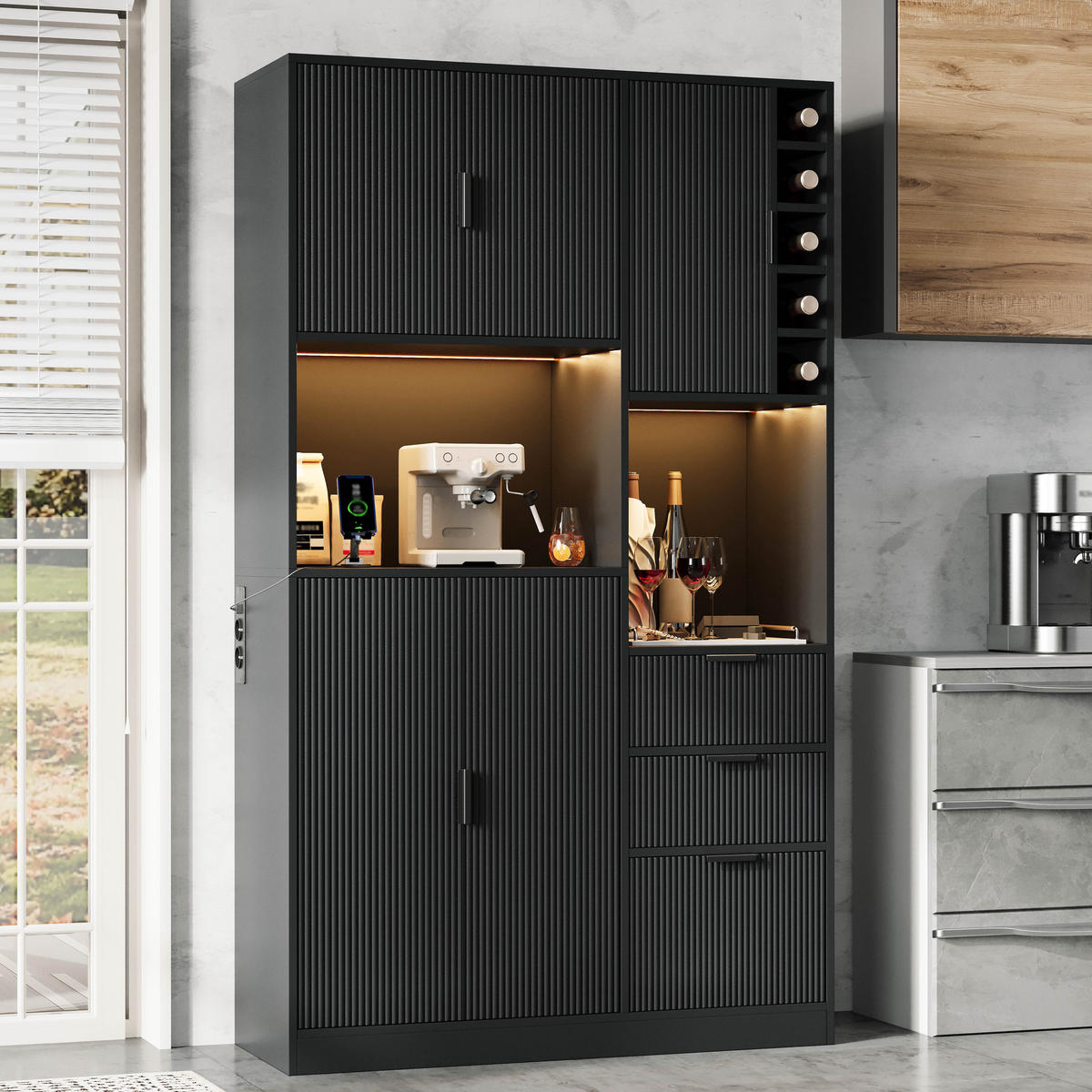 BUFFET DE-38683 105/40/180 cm LED-Beleuchtung und Weinregal Schwarz - Schwarz, Holzwerkstoff (105/180/40cm) - ComfortXL