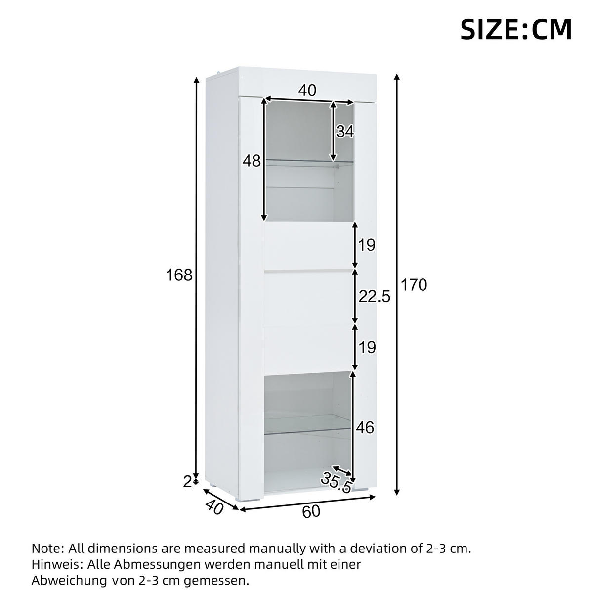 VITRINE mit LED 60 x 40 x 170 cm Hochglanz Weiß - Weiß, Glas (40/170/60cm) - Beauniv