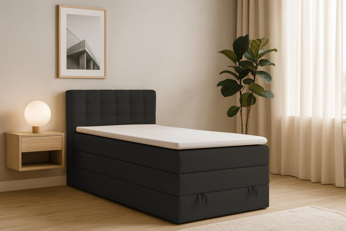 BOXSPRINGBETT JUNG 1 90/200 Velours Schwarz mit Matratzen H3 + H4 - Schwarz, Holz/Holzwerkstoff (92/200cm) - Deine Möbel 24