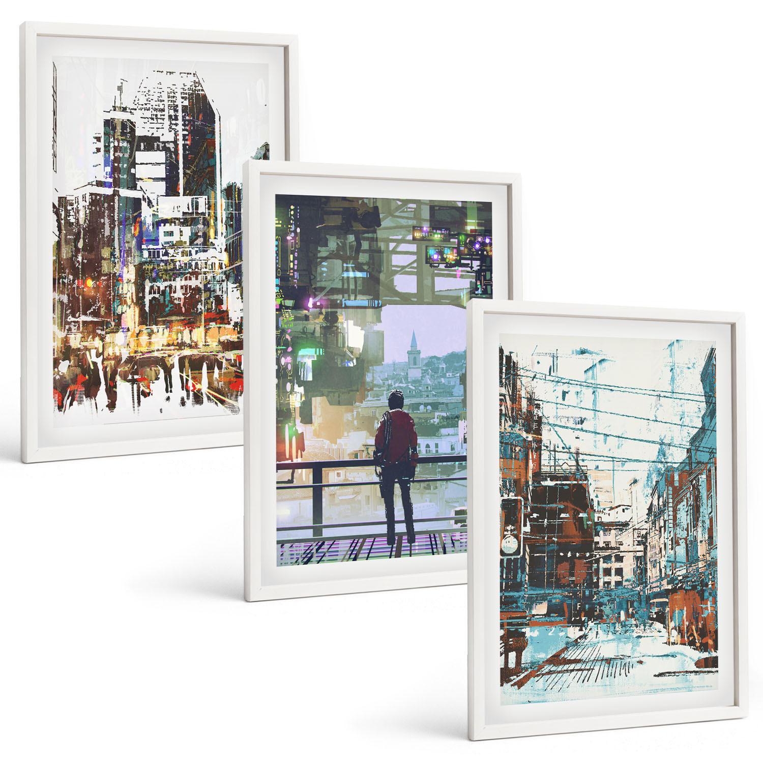 BILDER SET 3er Set - 40x60 cm Weißer Rahmen - Moderne Städte, bunte Charaktere - Weiß, Kunststoff (40/60cm) - TULUP