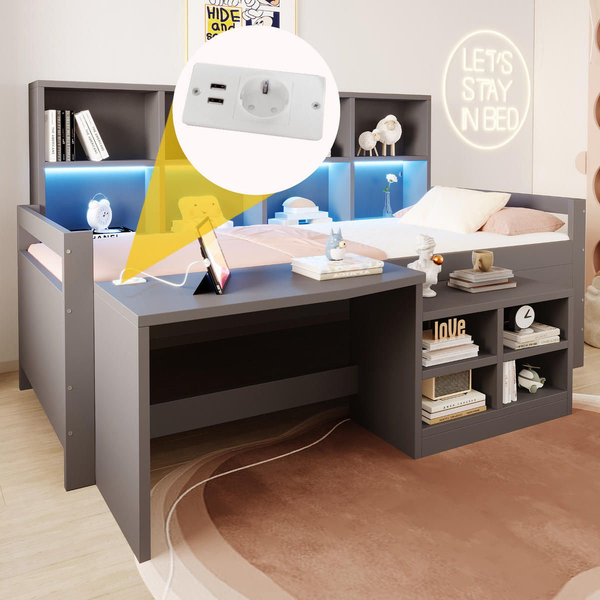 KINDERBETT 90x200cm Massivholz LED Schreibtisch Stauraum Grau - Grau, Holz (90/200cm) - FLIEKS