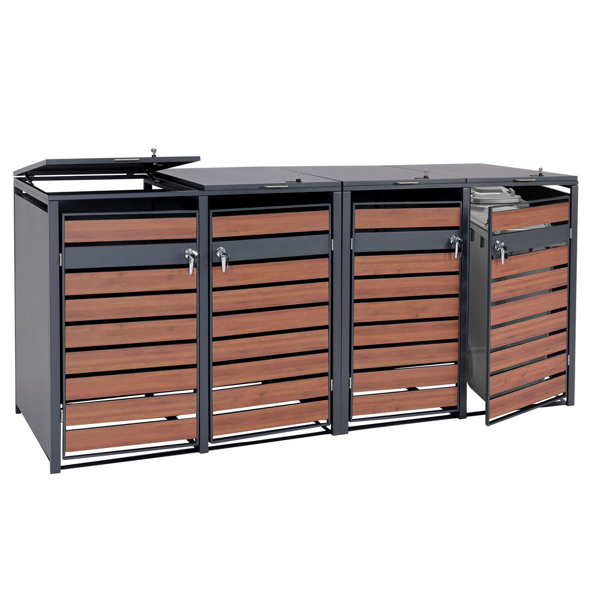 MÜLLTONNENBOX 4er/8er XL 117x284x98cm Metall 118kg Anthrazit Kirsche-Holzoptik Dunkelbraun - Kirschbaumfarben, Metall (284/117/98cm) - PROREGAL