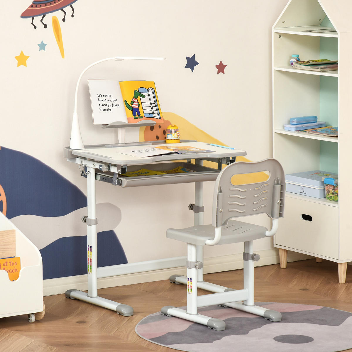 SCHREIBTISCH-SET DE-17501 höhenverstellbar mit LED-Lampe Grau - Grau, Kunststoff (70/105/50cm) - ComfortXL