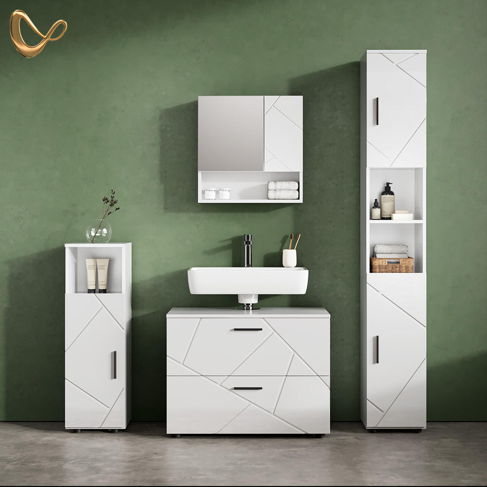 BADMÖBEL-SET Ronco Weiß Hochglanz 4 Teile, mit Schubladenschrank und Hochschrank - Weiß Hochglanz/Weiß, Holzwerkstoff (80/58/41cm) - Livinity®
