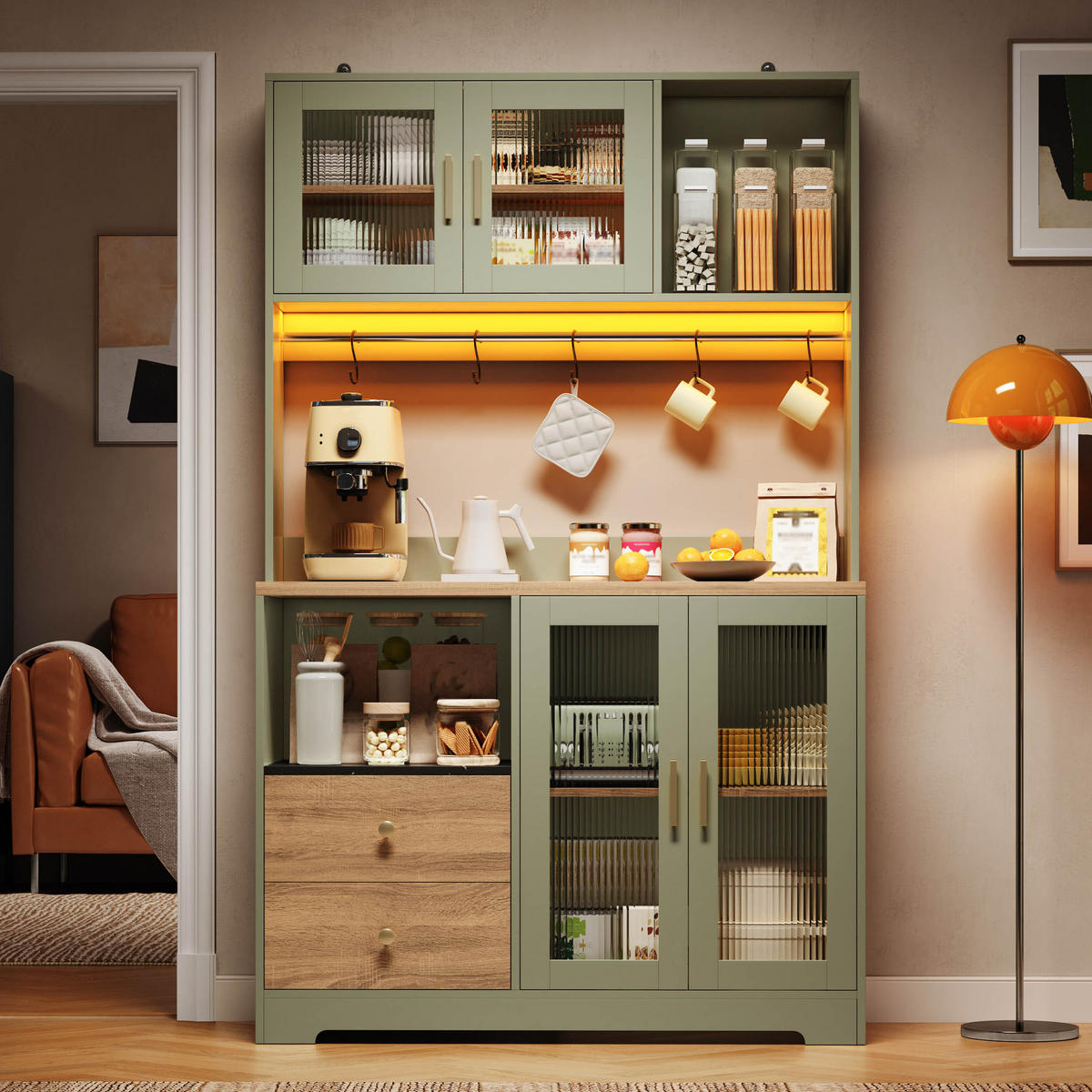 BUFFET 178 cm MDF Antikgrün Holzoptik mit RGB-LED und Glasfront - Hellgrün, Holzwerkstoff (40/178/110cm) - Korfee
