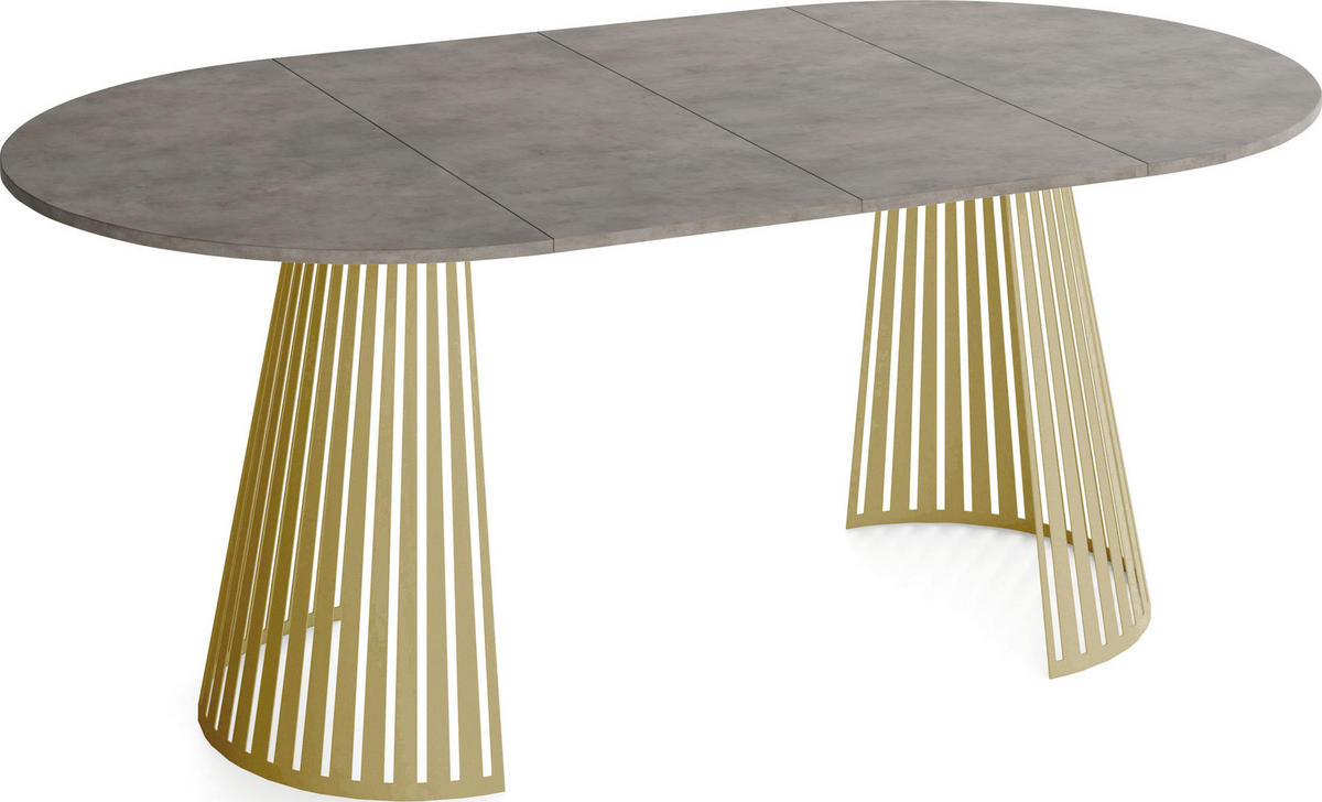 ESSTISCH Naro rund ausziehbar mit Goldenem Lamellen-Metallgestell, Beton-Optik Dunkelgrau 100-180/100/76 cm - Dunkelgrau/Goldfarben, Holzwerkstoff/Metall (100/100/76cm) - WFL GROUP