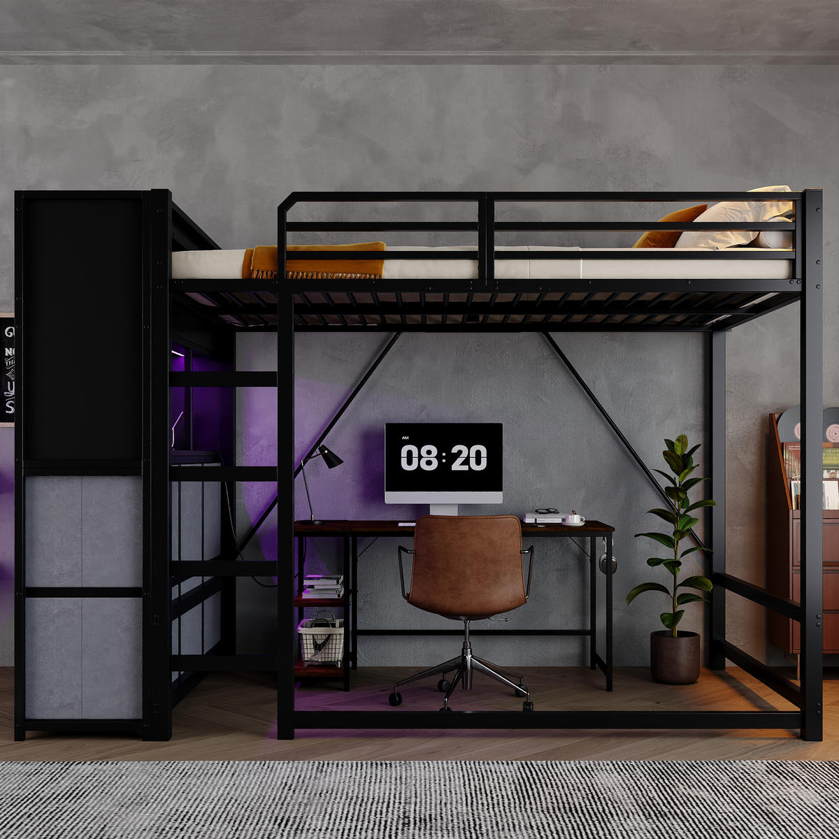 HOCHBETT 120/200 cm mit Stauraum und Ladestation, DE-41770, in Schwarz - Schwarz, Metall (120/200cm) - ComfortXL