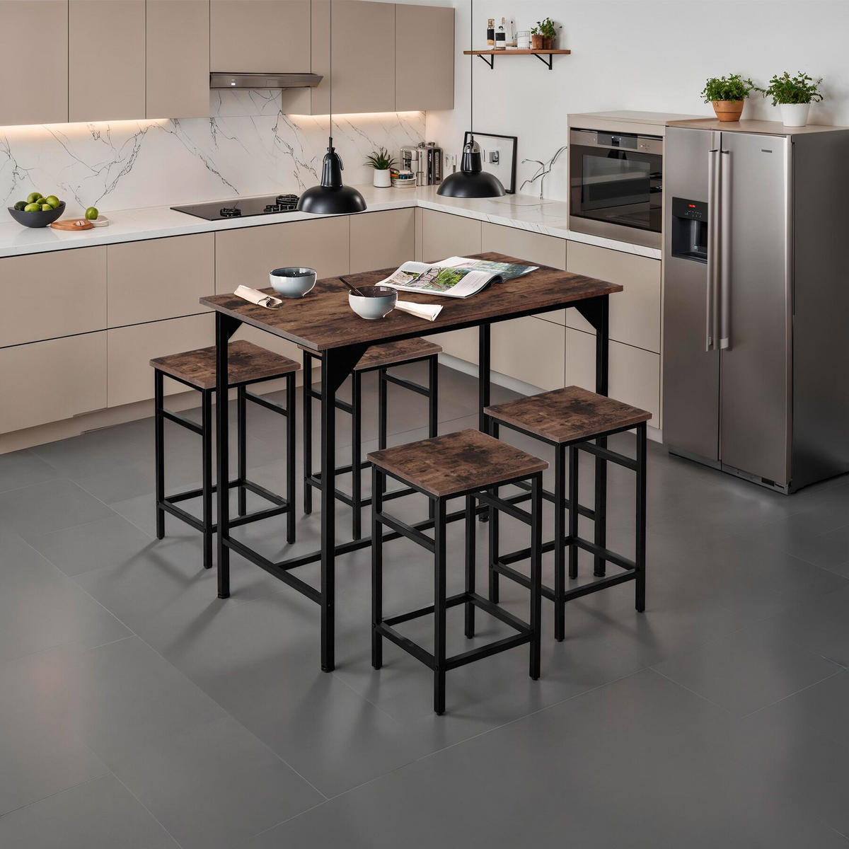 BARTISCH-SET Edinburgh,mit höhenverstellbaren Kunststofffüßen,Industrial Holz dunkel, rustikal - Rostfarben, Holz (124/88.5/100cm) - tectake