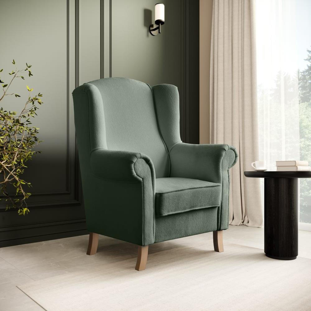 OHRENSESSEL Leonardo grün boucle-stoff - Grün, Holz/Textil (88/118/86cm) - Beautysofa