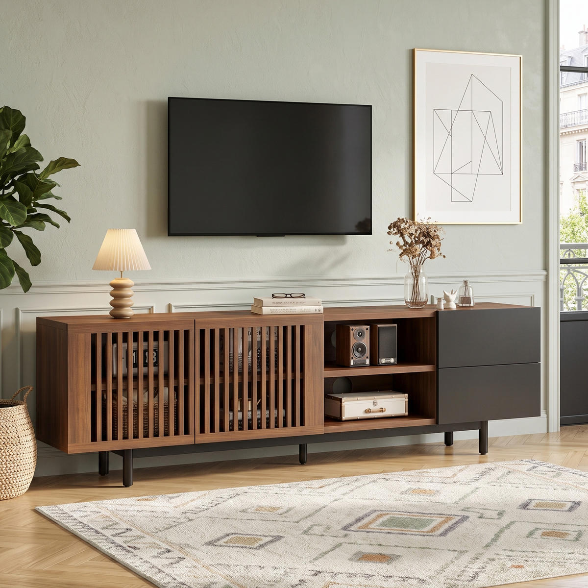 TV-LOWBOARD Walnuss & Schwarz 160cm mit Lamellentüren und 2 Schubladen - Walnussfarben, Holzwerkstoff (160/50/38cm) - Urban Meuble