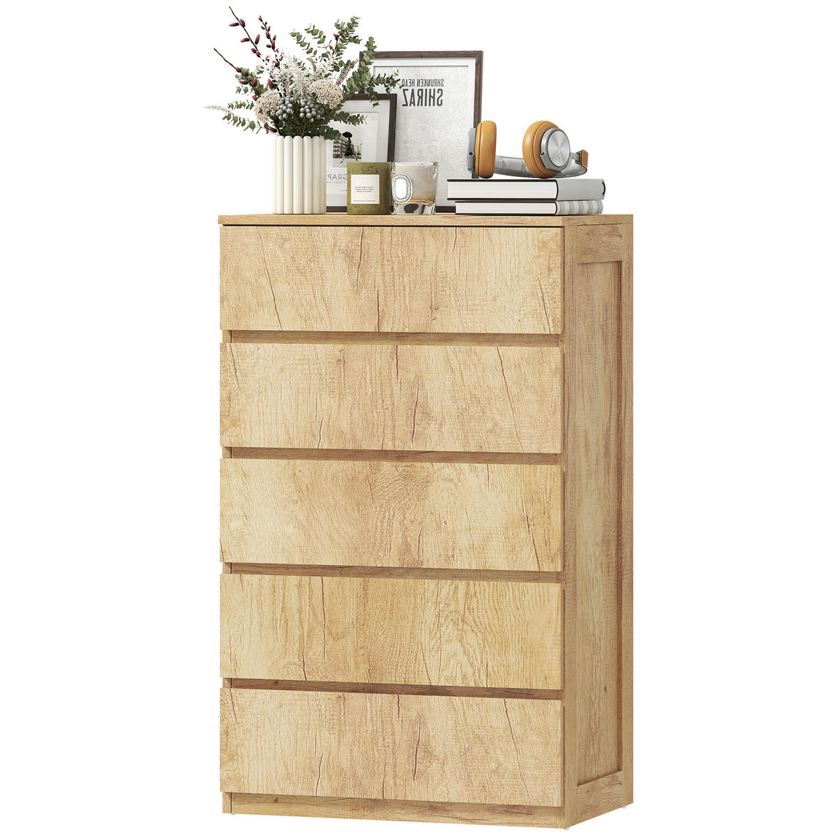 KOMOODE DE-12864 5 Schubladen, grifflos, minimalistisch Naturholz - Naturfarben, Holzwerkstoff (60/100/39cm) - ComfortXL