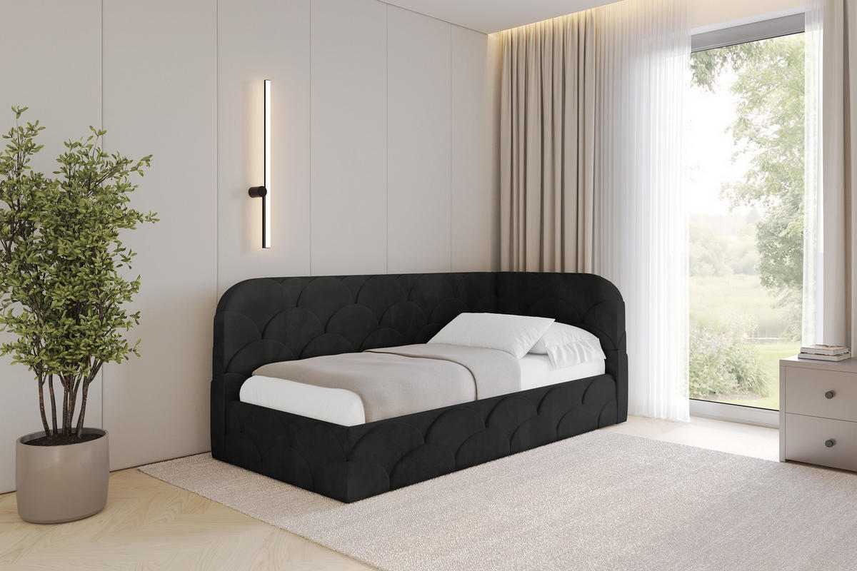 EINZELLBETT Jugendbett mit Bettkasten und Matratze H3/H4, Links - ELRY 90x200 Schwarz - Schwarz, Holzwerkstoff/Textil (90/200cm) - ALTDECOR