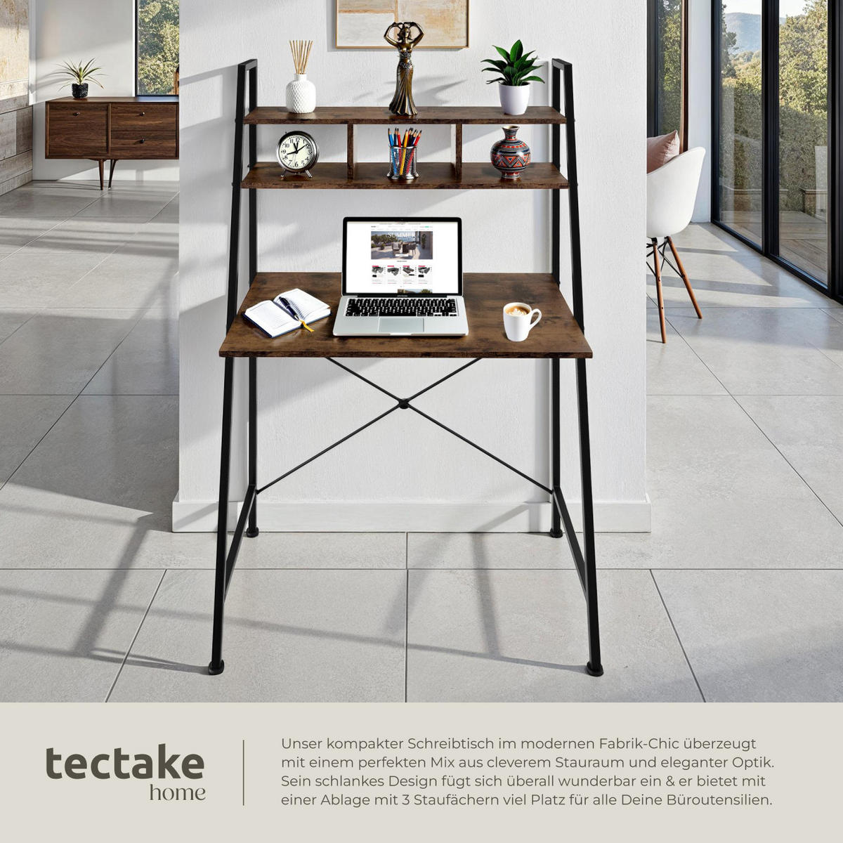 SCHREIBTISCH Exeter,85,5 x 46,5 x 140 cm,Industrial Holz dunkel, rustikal - Rostfarben, Holzwerkstoff (85.5/46.5/140cm) - tectake