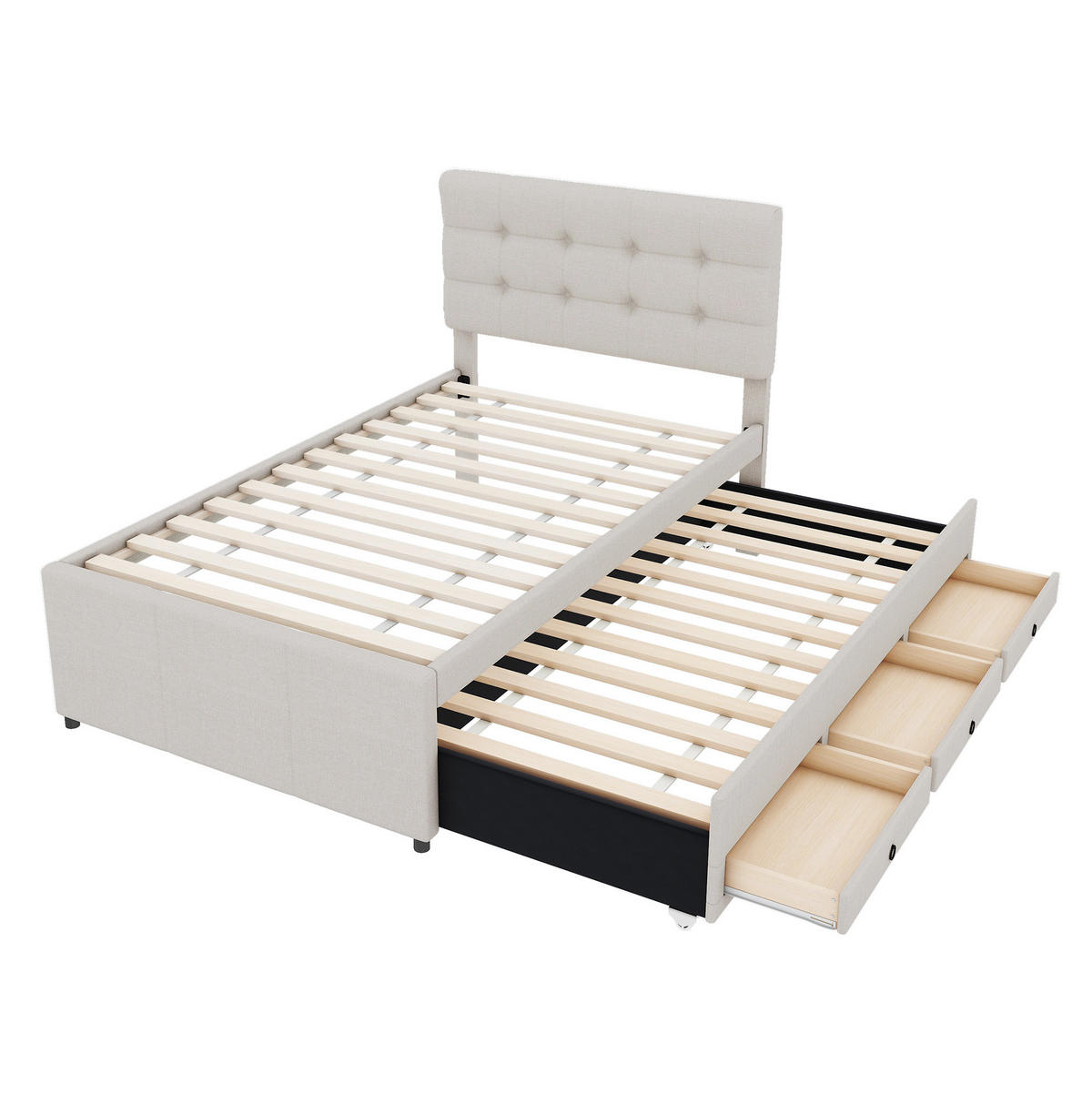 POLSTERBETT aus Leinen 90x200 cm in Beige mit Ausziehbett & 3 Schubladen - Beige, Textil (90/200cm) - Modfu