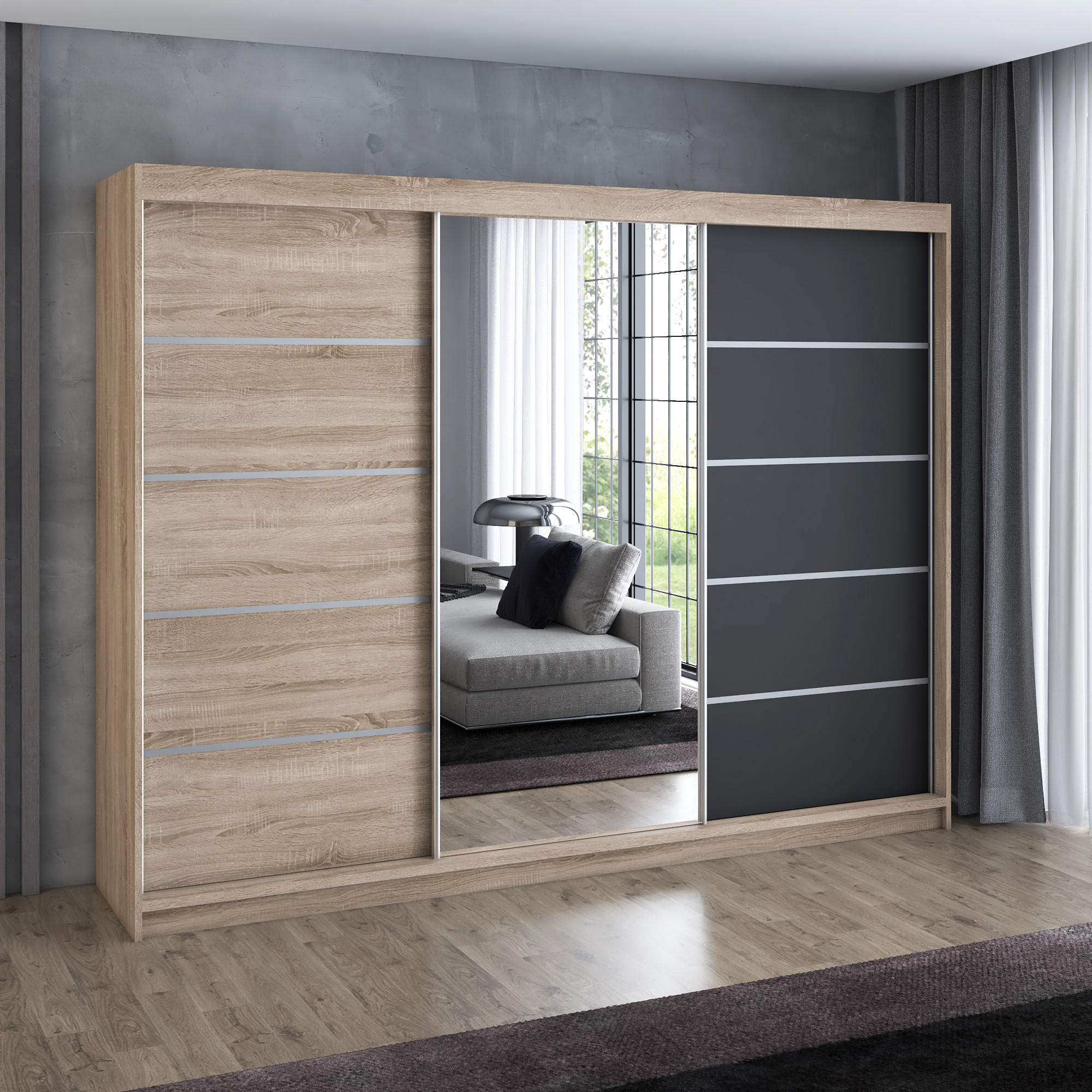 SCHWEBETÜRENSCHRANK 200 cm VILANO 1 Farbe: Sonoma,Sonoma,Schwarz - Hellbraun/Schwarz, Holzwerkstoff (200/215/59.5cm) - A&J MöbelLand