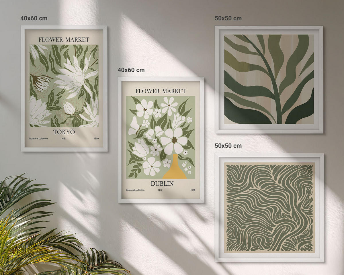 WANDBILDER 4er-Set - 50x50 cm & 40x60 cm Weißer Rahmen - Pflanzenmuster, Boho-Dekorationen - Weiß, Kunststoff (50/50cm) - ArtPrintCave