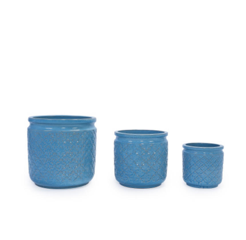KERAMIKBLUMENTÖPFE, 3-teilig, 38,1/30,5/22,9cm, geometrisch, blau - Blau, Keramik (38/38/38cm) - Vallsero
