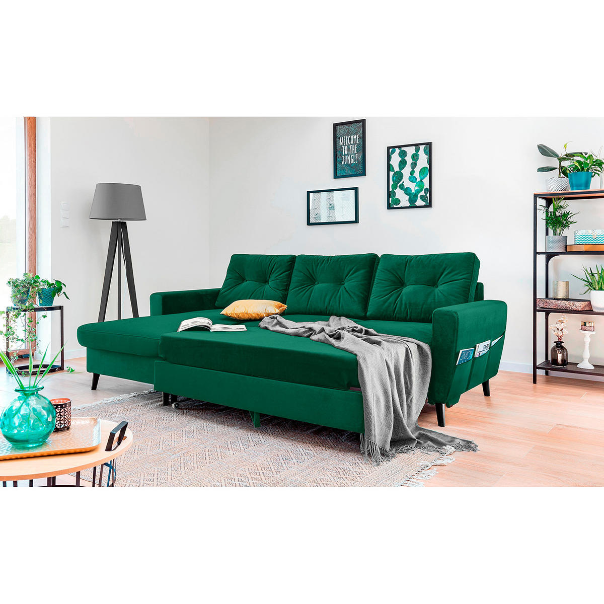 ECKSOFA mit Longchair - Smaragdgrün/Schwarz, Buchenholz/Textil (233/148cm) - home24