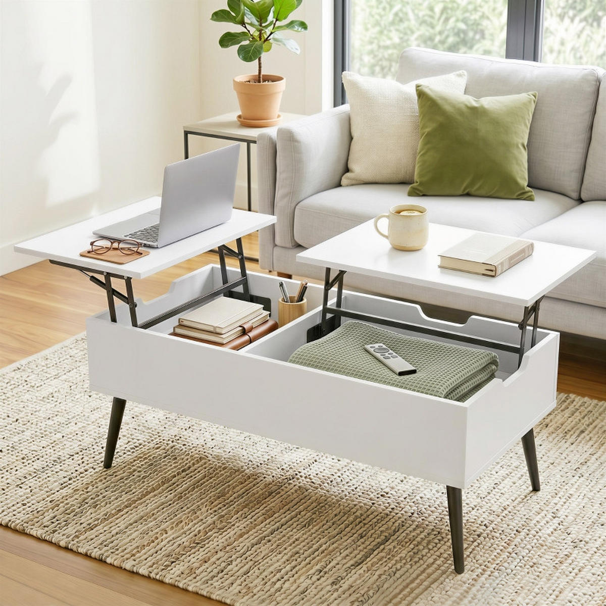 COUCHTISCH DE-37207 Lift-Top mit 2 Klappdeckeln Weiß/Schwarz - Weiß, Holzwerkstoff (100/50/58cm) - ComfortXL