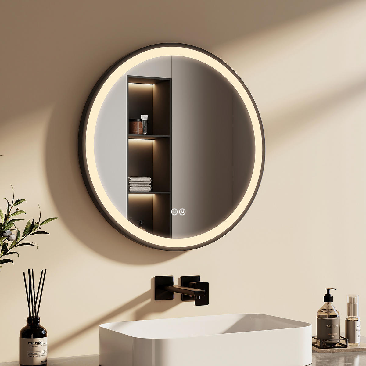 OGLINDA de baie cu LED-uri Ø 60 cm - negru, sticlă (60/60/3cm) - EMKE